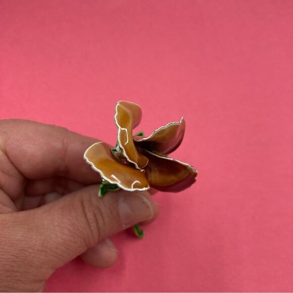 Rose Flower Brooch Pin Brown and Green Jewelry Accessory Boutonniere Ceramic - Picture 5 of 12